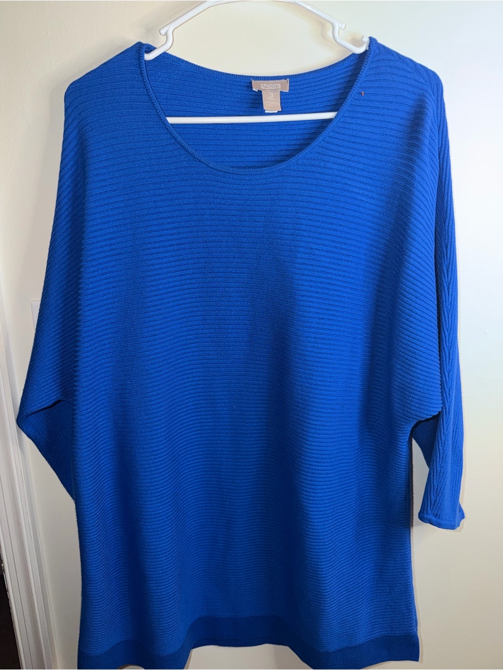Chico’s Size 3 Blue Ribbed Knit Dolman Sleeve Top